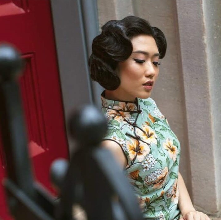 Model wearing vintage finger wave and qipao in Greenwich Village, NYC.